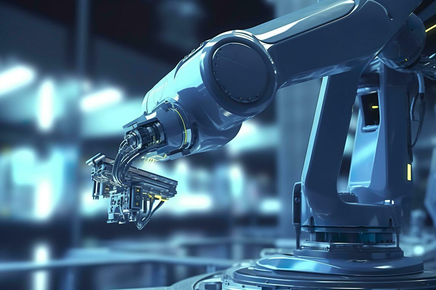 Arm robot working with Screen monitor control industrial machine robot arm line. Generative AI photo