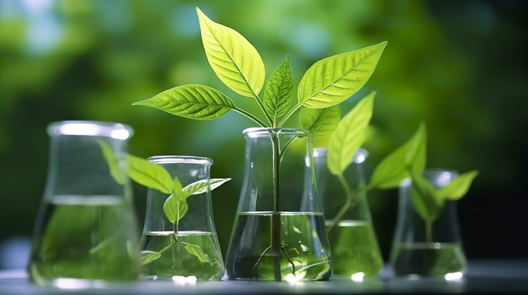 Biotechnology concept with green plant leaves, laboratory glassware, and conducting research, illustrating the powerful combination of nature and science in medical advancements.  AI Generative photo