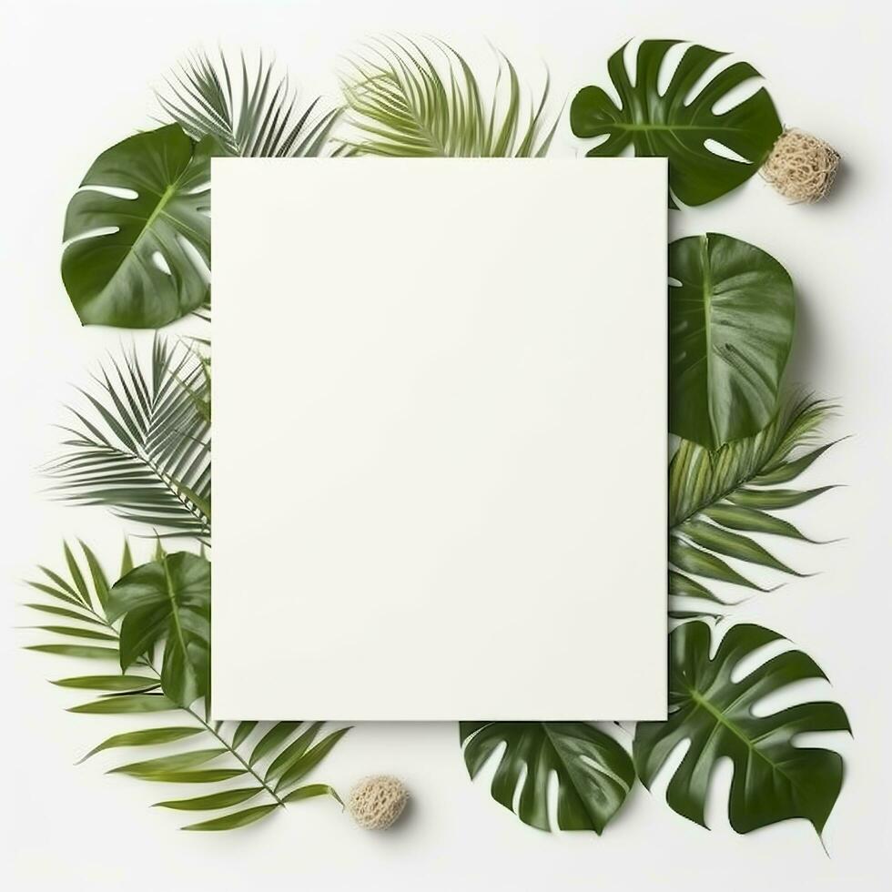 Frame with leaves.  Summer tropical leaves and blank frame with copy space on white background. Generative AI photo