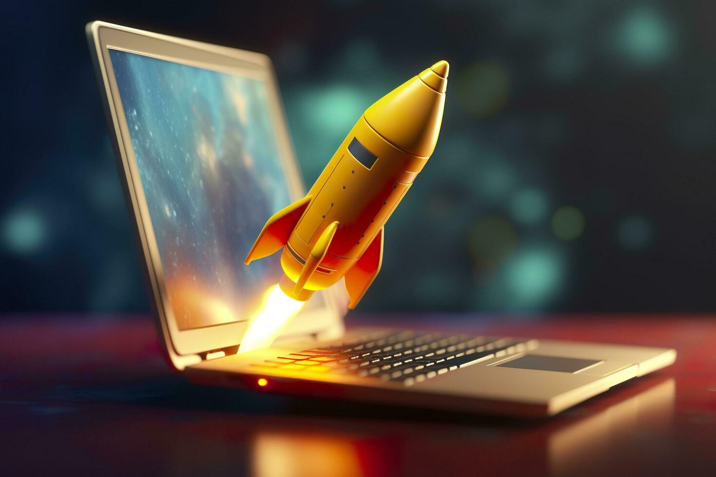 Launching a new product or service. Technology development process. Space rocket launch. 3d render. Yellow rocket lift up from the display laptop. AI Generative photo