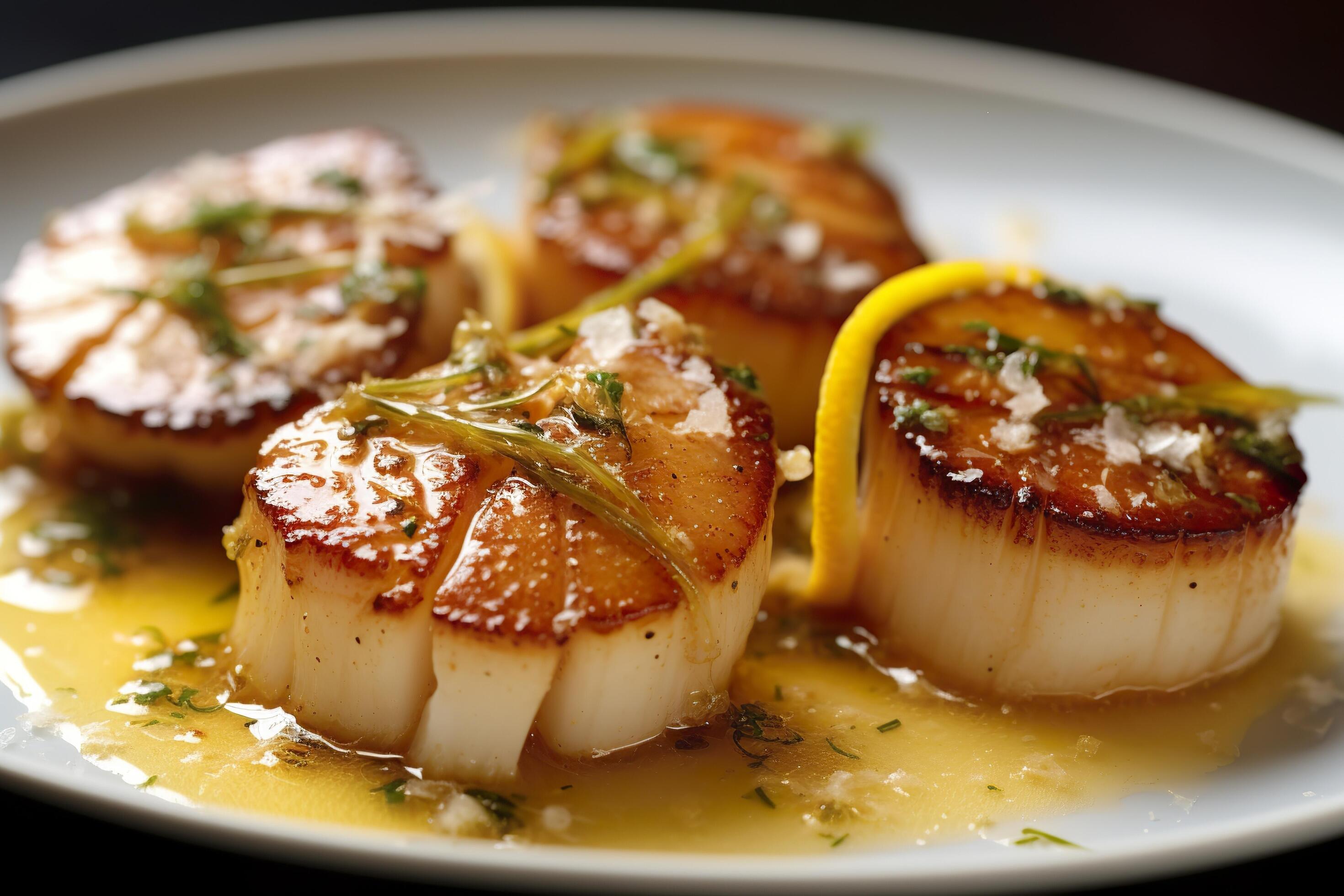 Closeup of pan seared diver scallops with lemon beurre blanc. Generative AI 32400759 Stock Photo