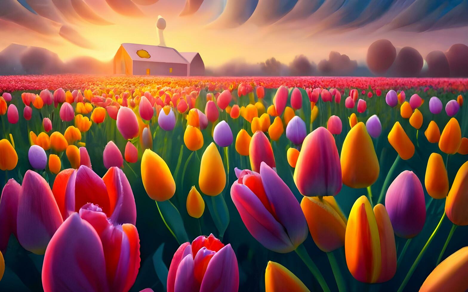 radiante primavera sinfonía, un fascinante tapiz de vibrante tulipán flores pintura el paisaje con de la naturaleza paleta. ai generado foto