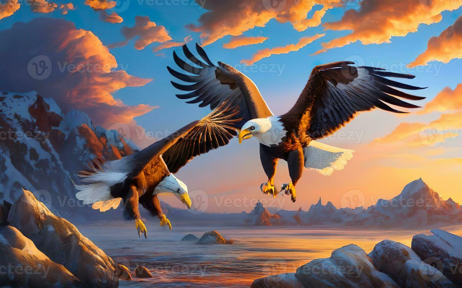 Majestic Bald Eagles Soaring Together, A Stunning Aerial Snapshot of America's Iconic Raptors in Graceful Flight. AI Generated photo