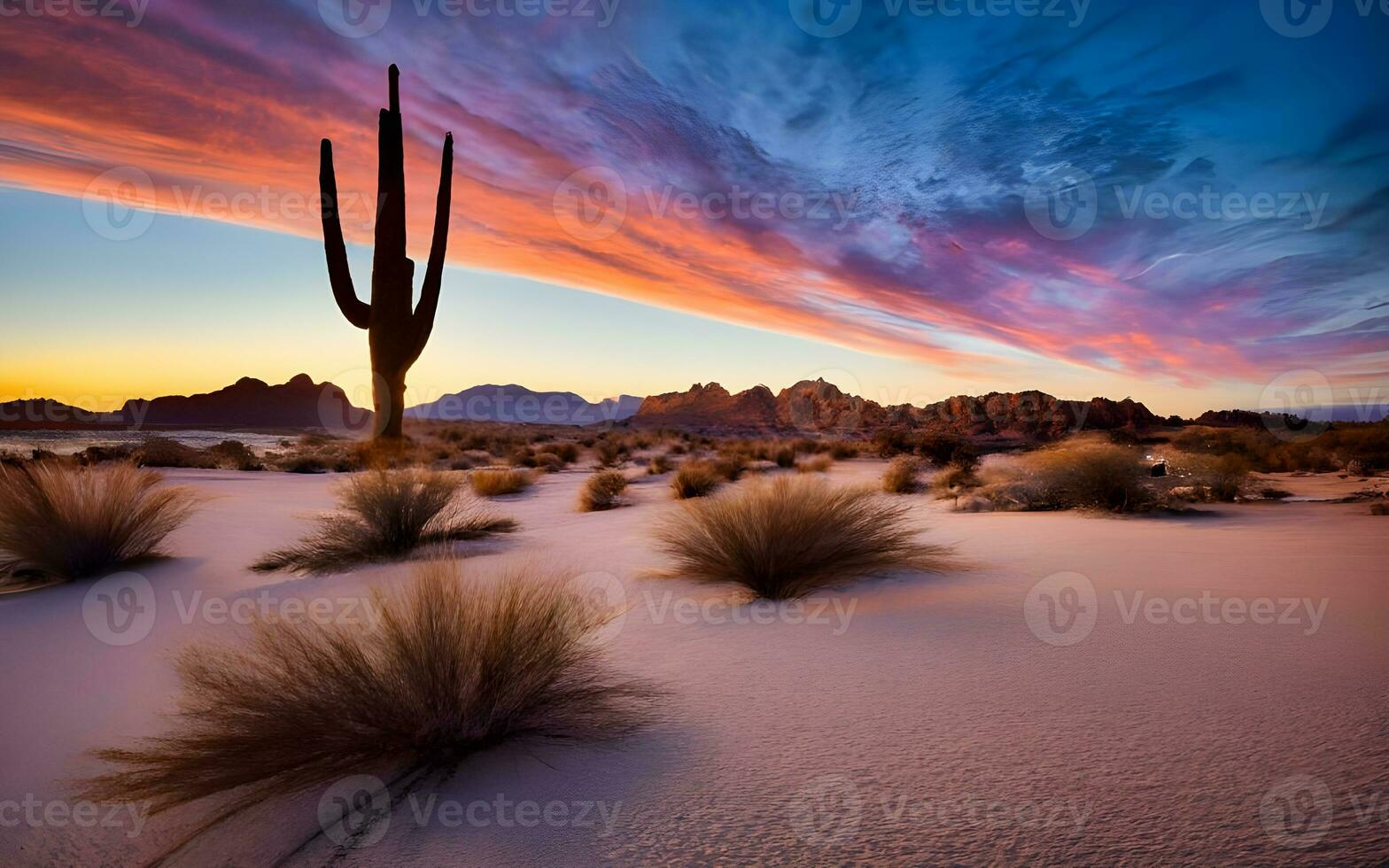 Dusky Desert Dreamscapes, A Captivating Portrait of Serene Tranquility in a Pristine Arid Landscape at Twilight. AI Generated photo