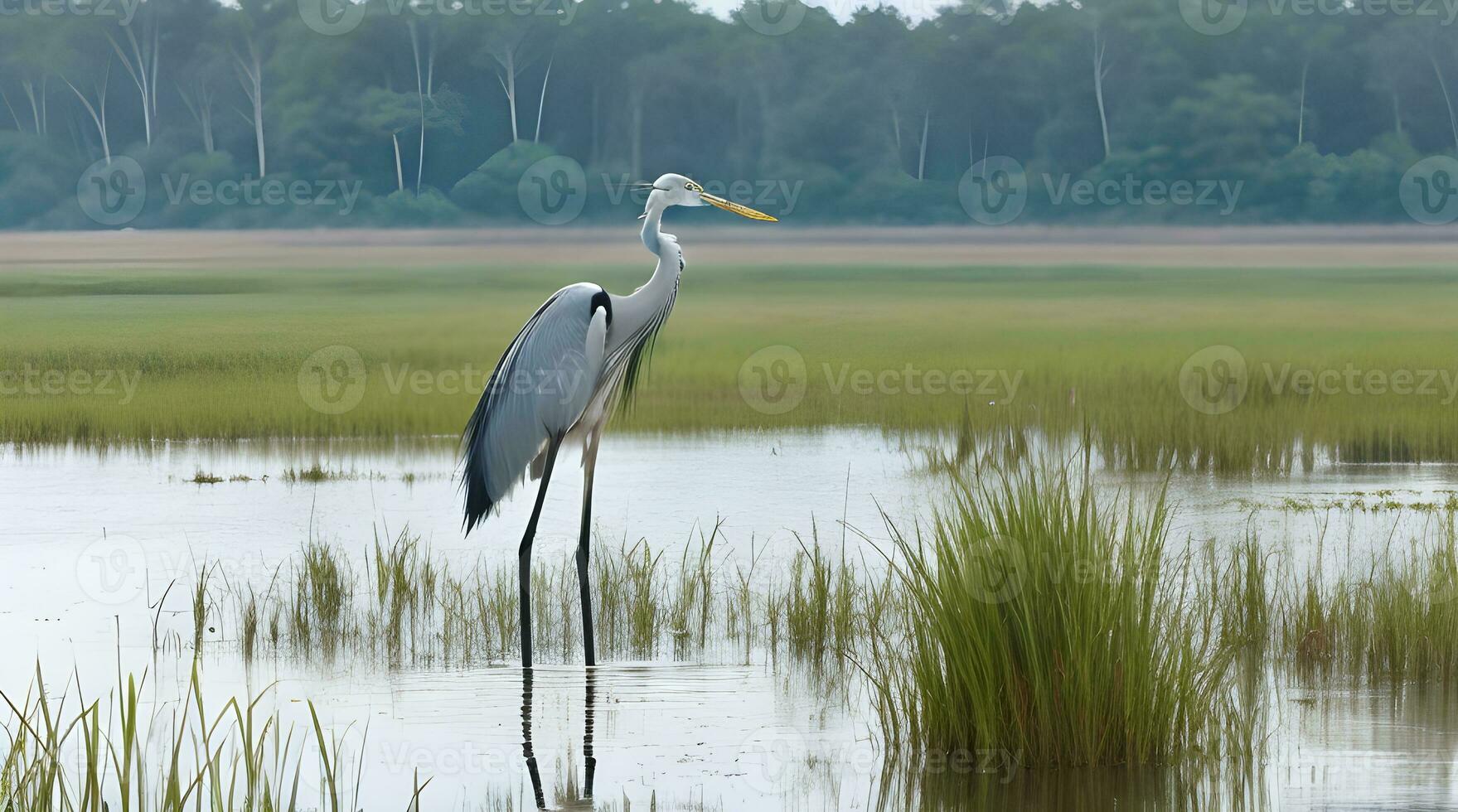 A Majestic Solitary Heron Serenely Standing Amidst the Tranquil Beauty of a Marshland Oasis. AI Generated photo