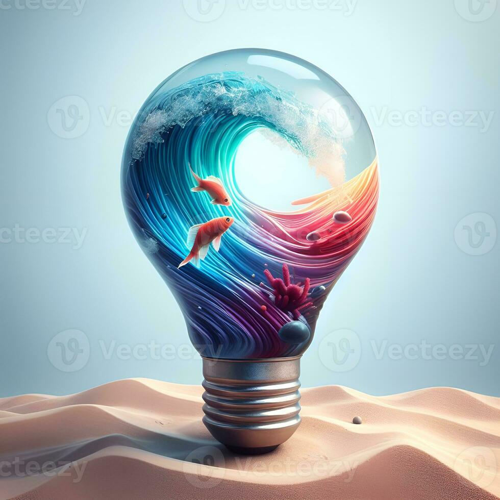 Enchanting Aqua Symphony, A Spectacle of Vivid Waves Captured in a Bulb, Featuring Playful Fish Amidst a Kaleidoscope of Colors. AI Generated photo