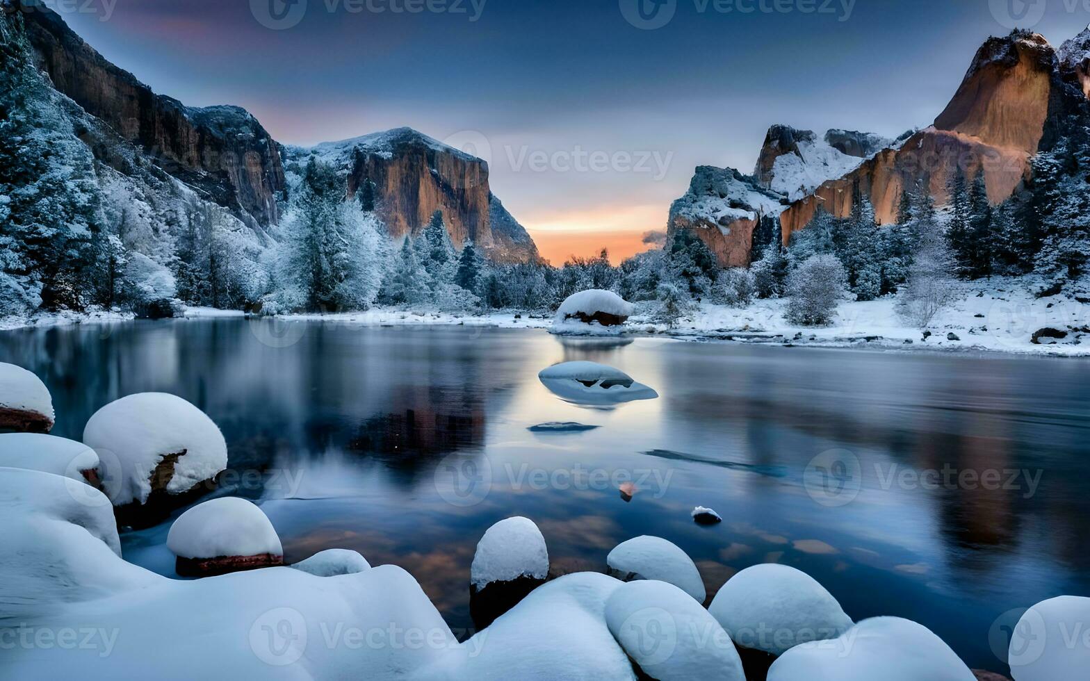 Tranquil Twilight Bliss, A Mesmerizing Snapshot of the Serene Snowy Landscape Bathed in the Soft Glow of Evening. AI Generated photo