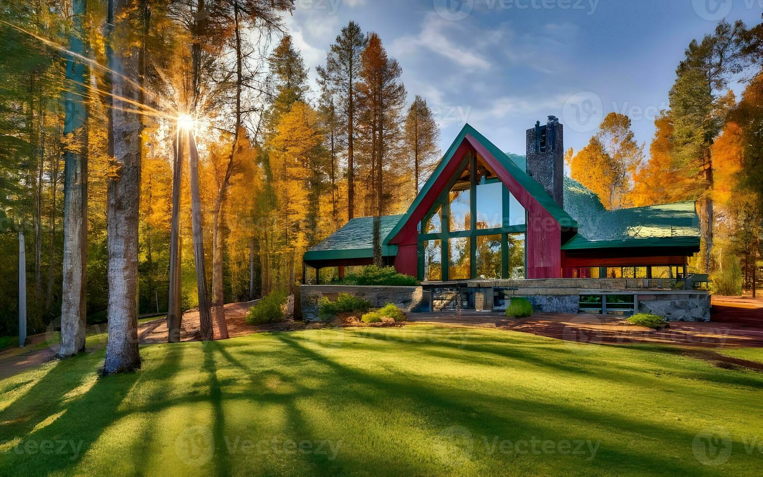 Rustic Cabin Bliss, A Captivating Glimpse of Tranquility Amidst Nature's Embrace in a Cozy Woodland Hideaway. AI Generated photo