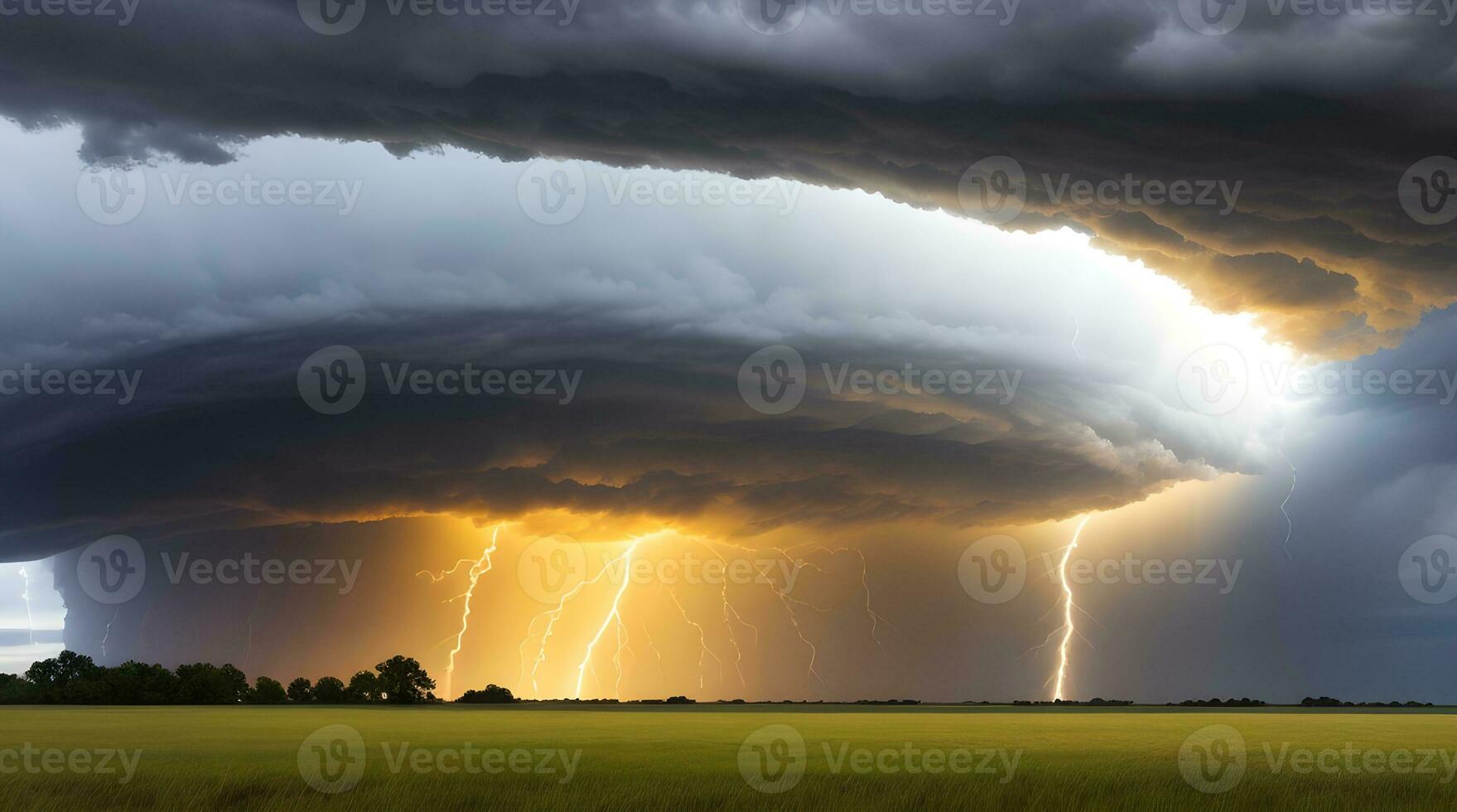 The Mighty Power and Primal Beauty of a Thunderstorm Unleashed Across Vast Plains, Dominating the Horizon with Its Electrifying Fury and Dynamic Grandeur. AI Generated photo