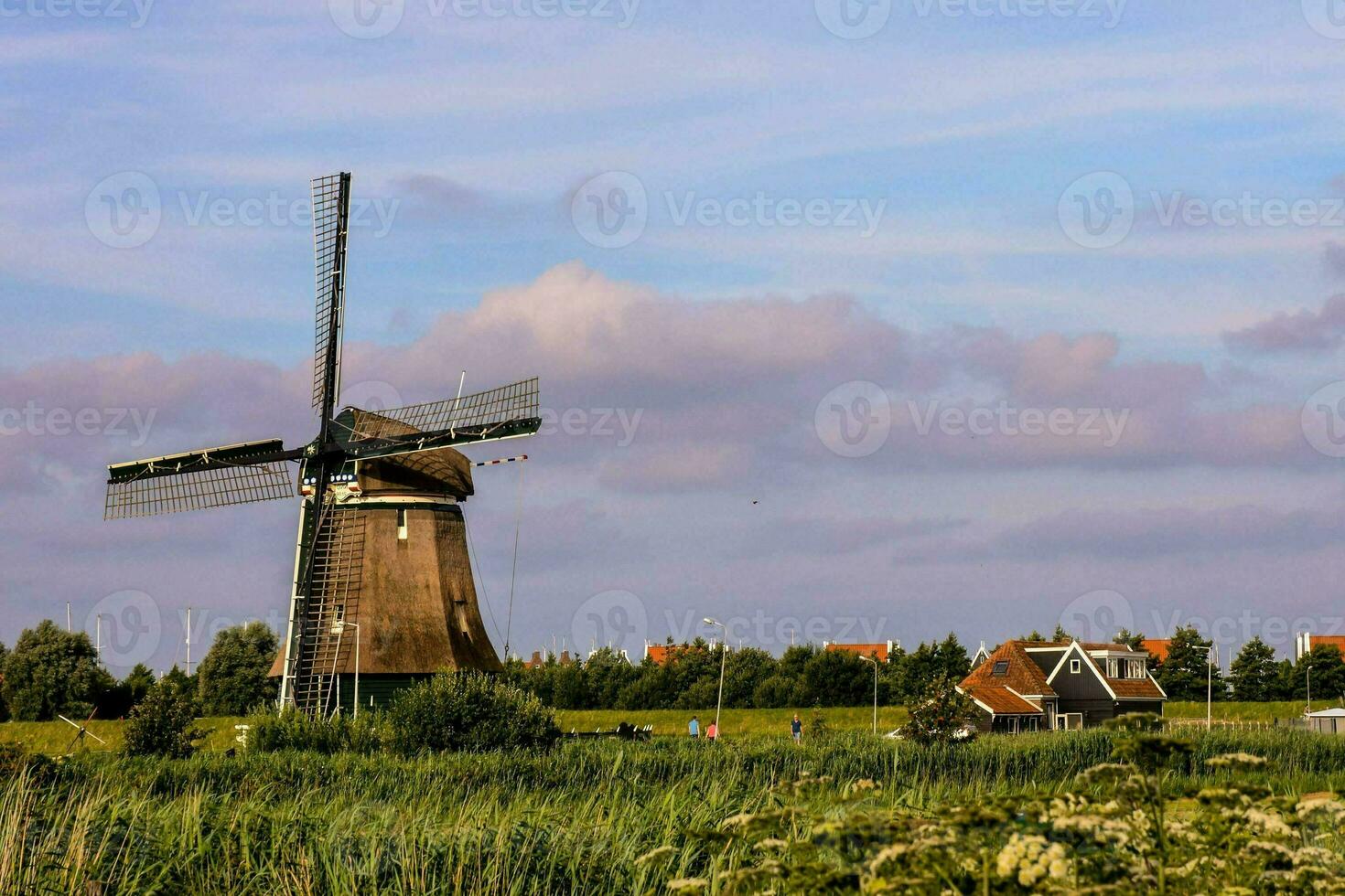 a windmill in the middle of a field with tall grass photo