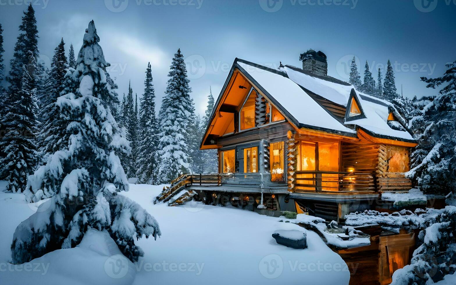 Enchanting Winter Retreat, A Tranquil Wooden Cabin Nestled in a Snowy Forest Wonderland. AI Generated photo