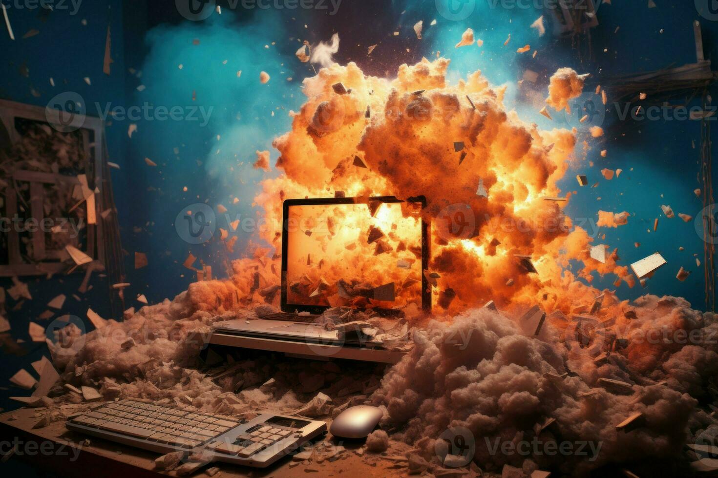 Disastrous Computer desktop exploding. Generate Ai photo