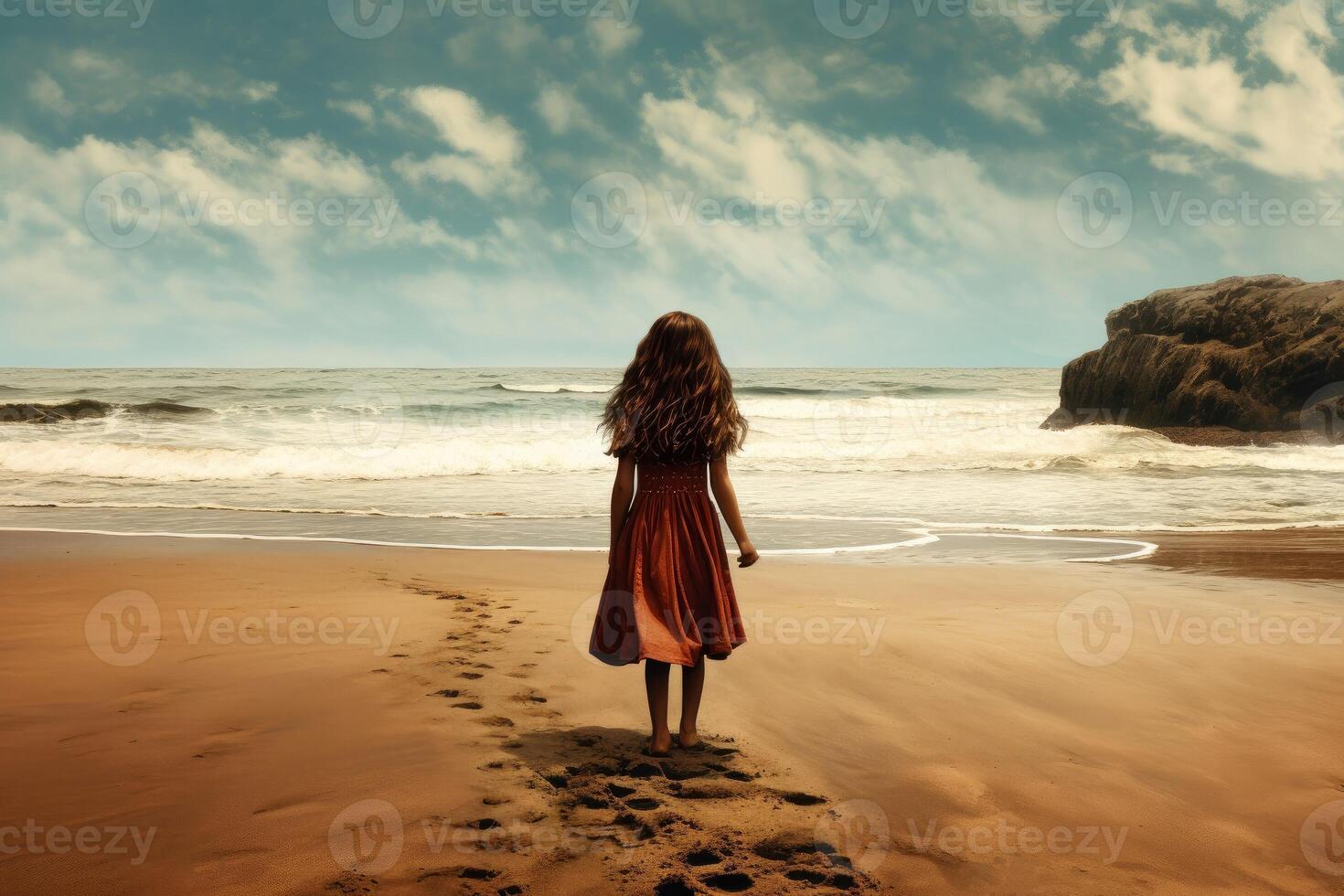 Girl on beach sunset view. Generate Ai photo