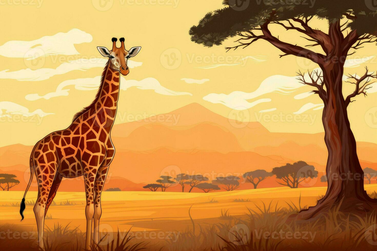 Giraffe african savanna tree. Generate Ai photo