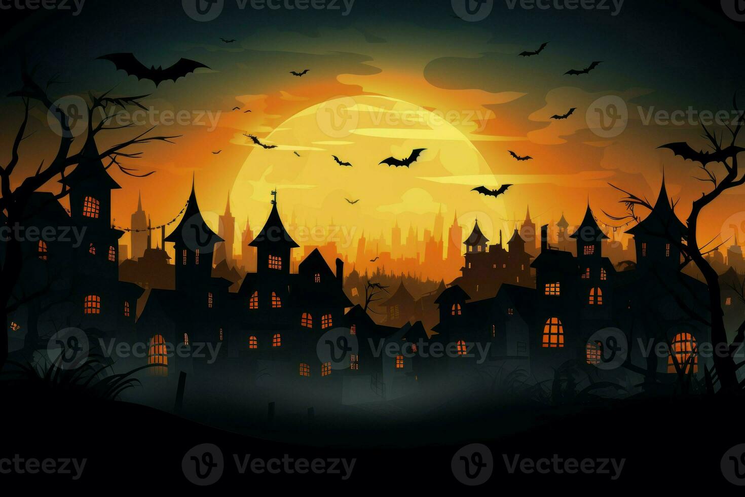 Eerie City panorama halloween sunset. Generate Ai photo