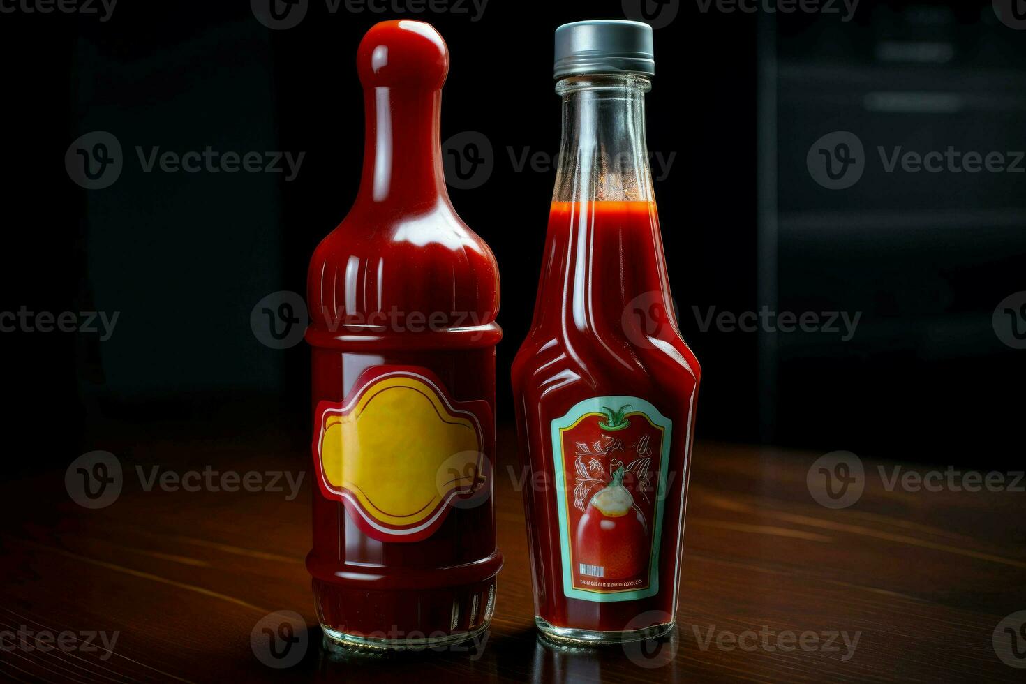 Tangy Glass bottle ketchup. Generate Ai photo