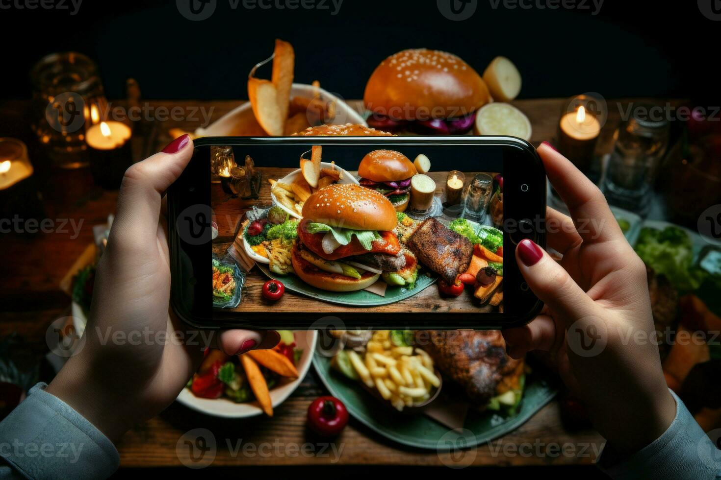 Passionate Person taking photo tasty food. Generate Ai