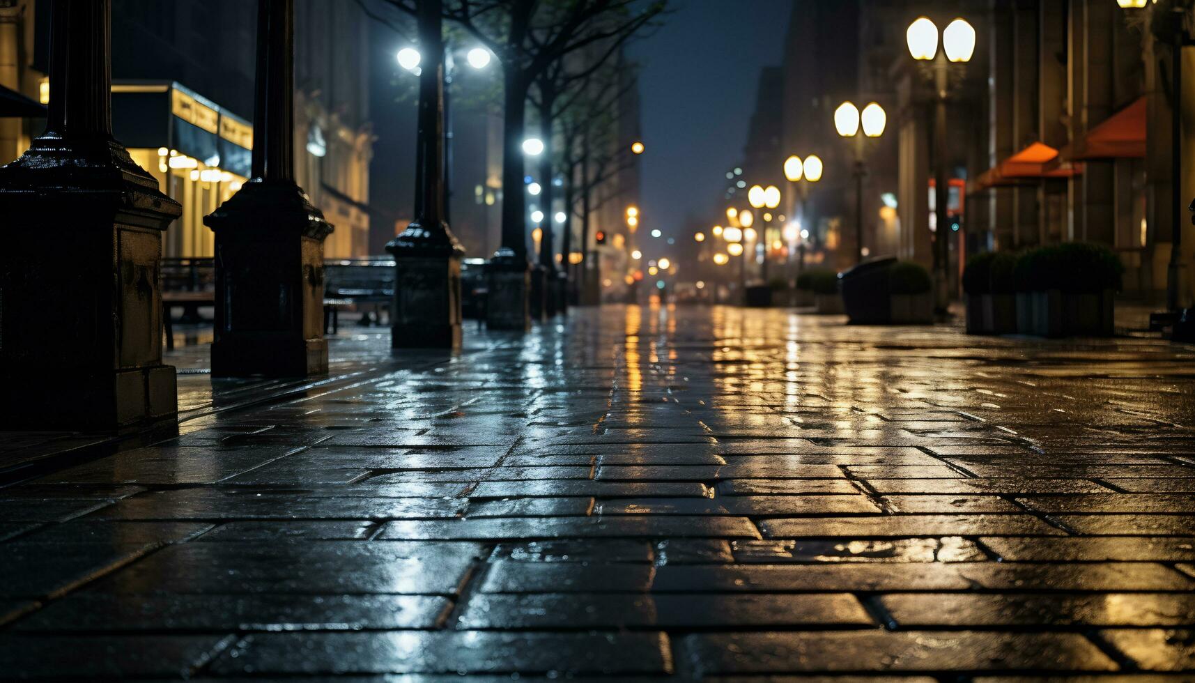 sidewalk at night after rain with wet streets Ai Generative photo