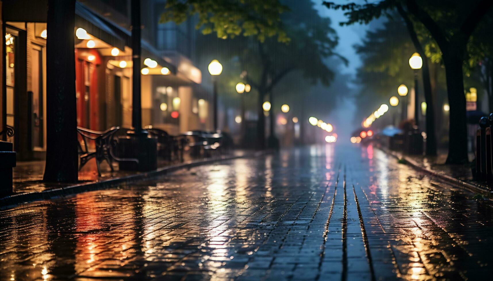 sidewalk at night after rain with wet streets Ai Generative photo