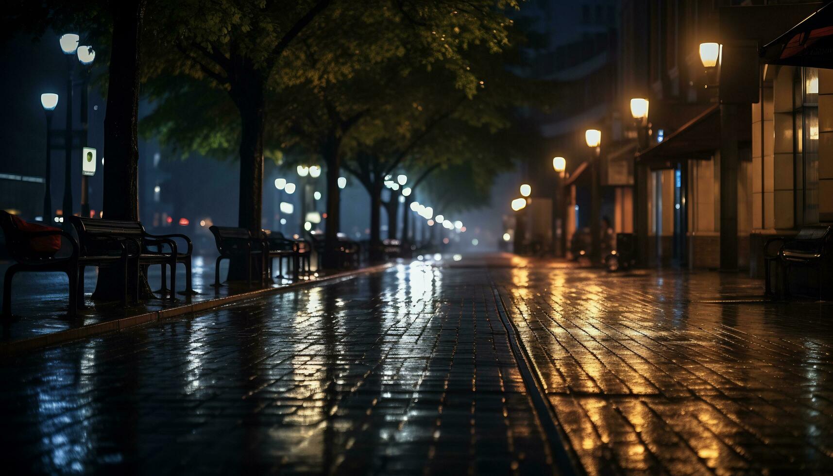 sidewalk at night after rain with wet streets Ai Generative photo