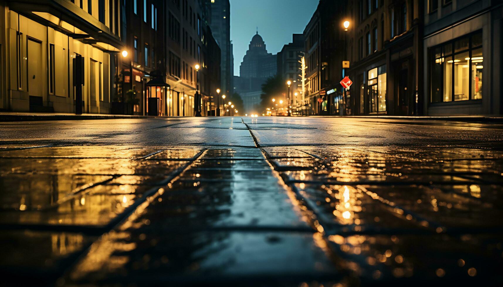 sidewalk at night after rain with wet streets Ai Generative photo