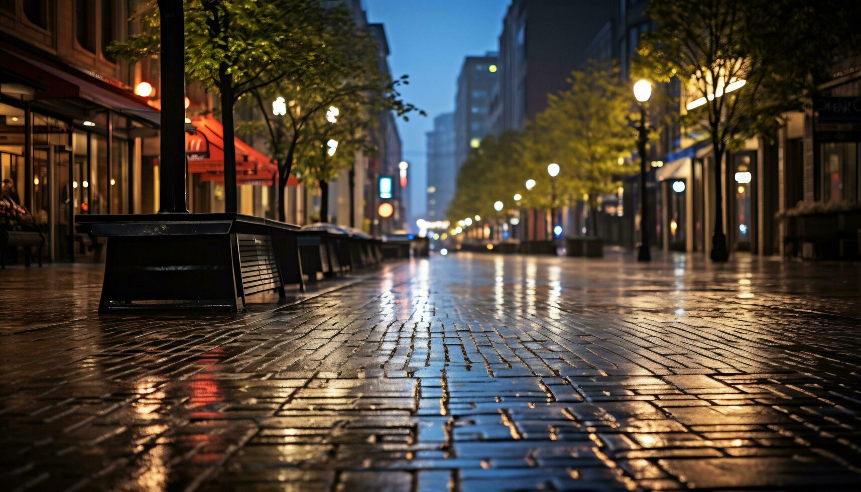sidewalk at night after rain with wet streets Ai Generative photo