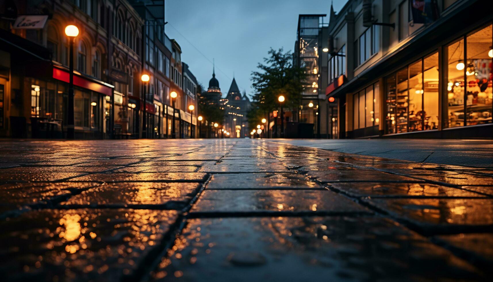 sidewalk at night after rain with wet streets Ai Generative photo