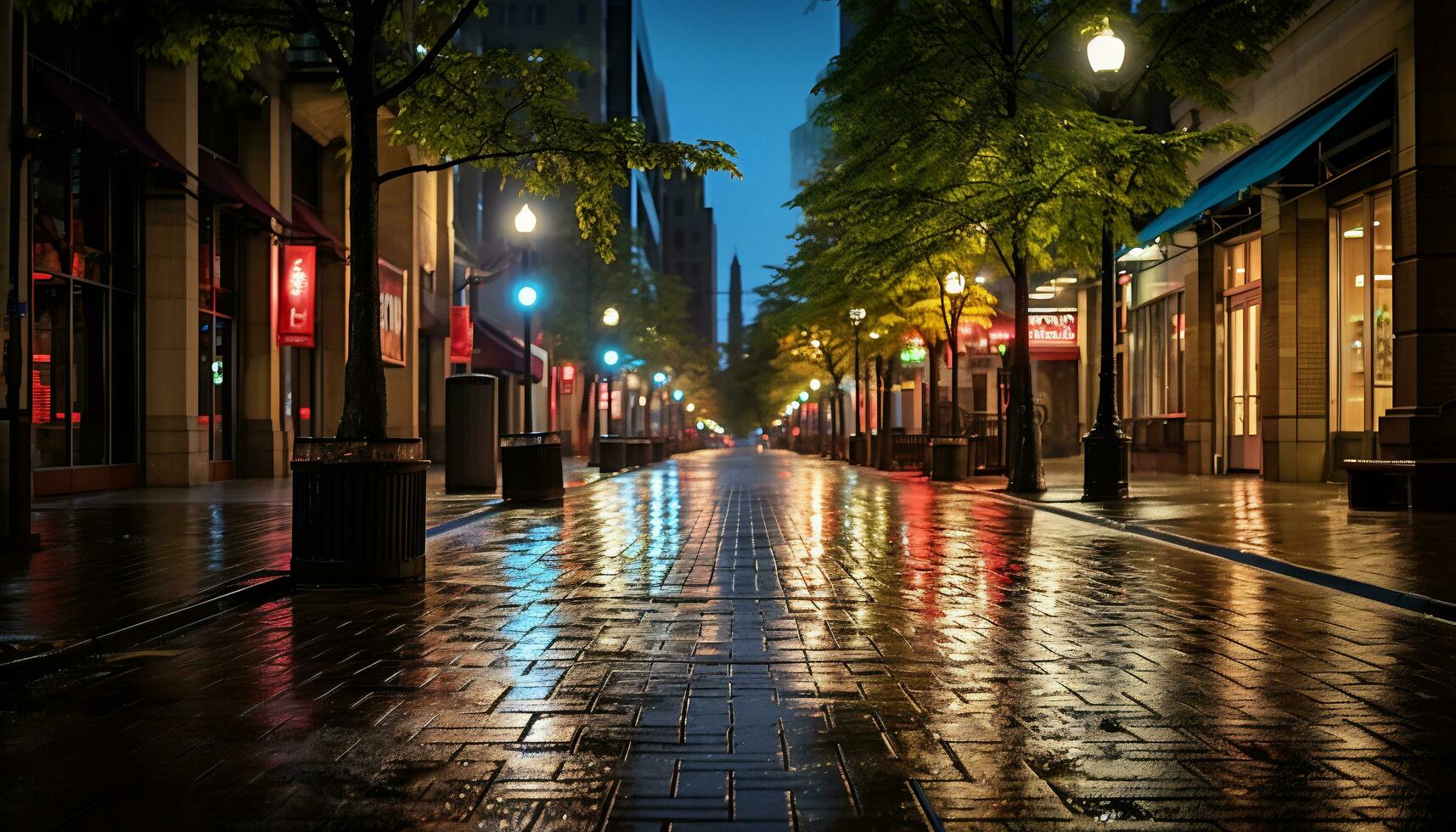 sidewalk at night after rain with wet streets Ai Generative photo