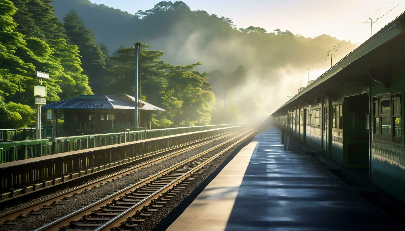 a quiet train station with a backdrop of mountains and pine trees Ai Generative photo