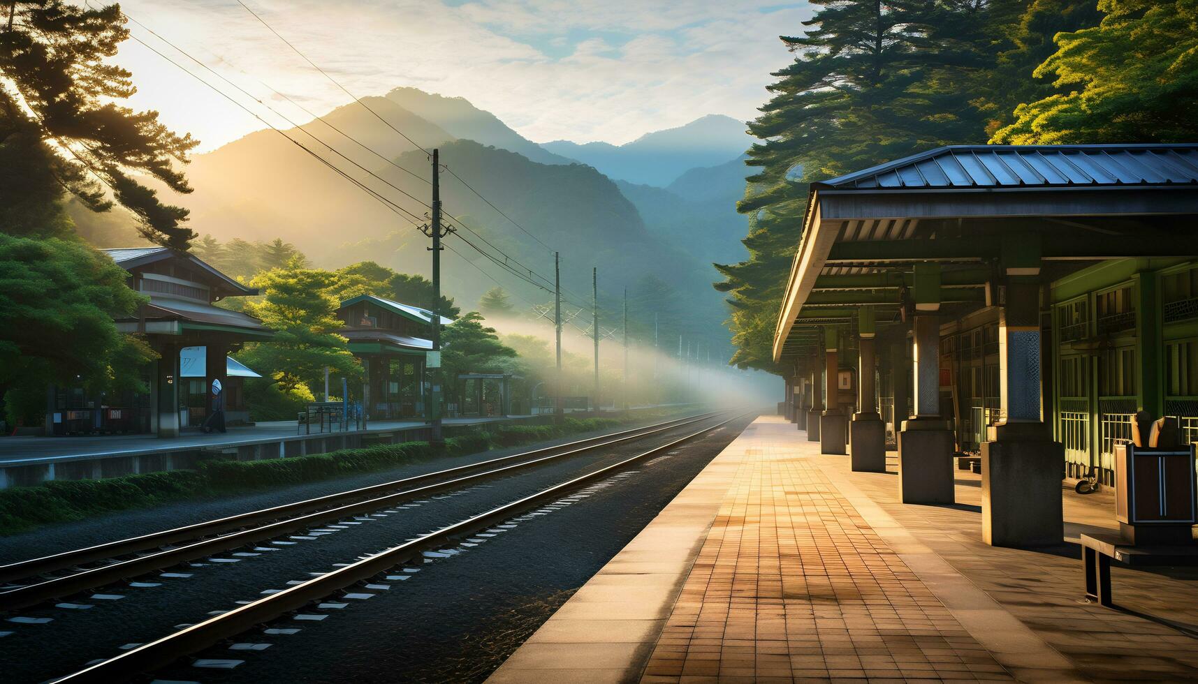 a quiet train station with a backdrop of mountains and pine trees Ai Generative photo