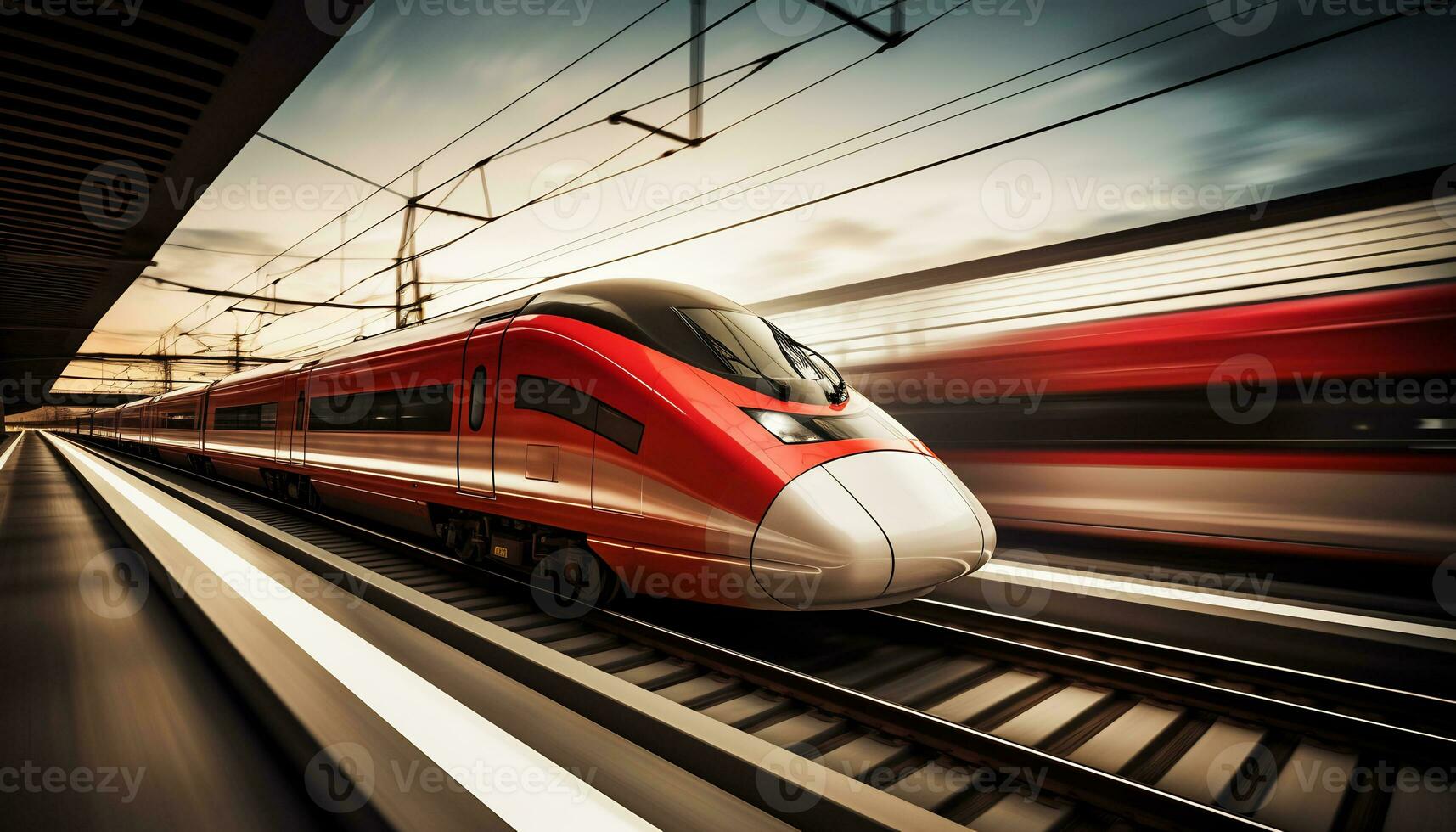 high speed trains racing along the tracks Ai Generative photo