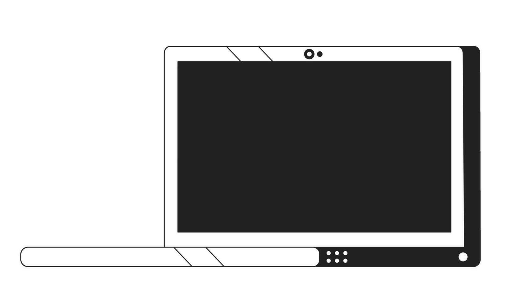 Laptop with blank screen black and white 2D cartoon object. Notebook open isolated vector outline item. Home office equipment. Electronics. Tech technology monochromatic flat spot illustration