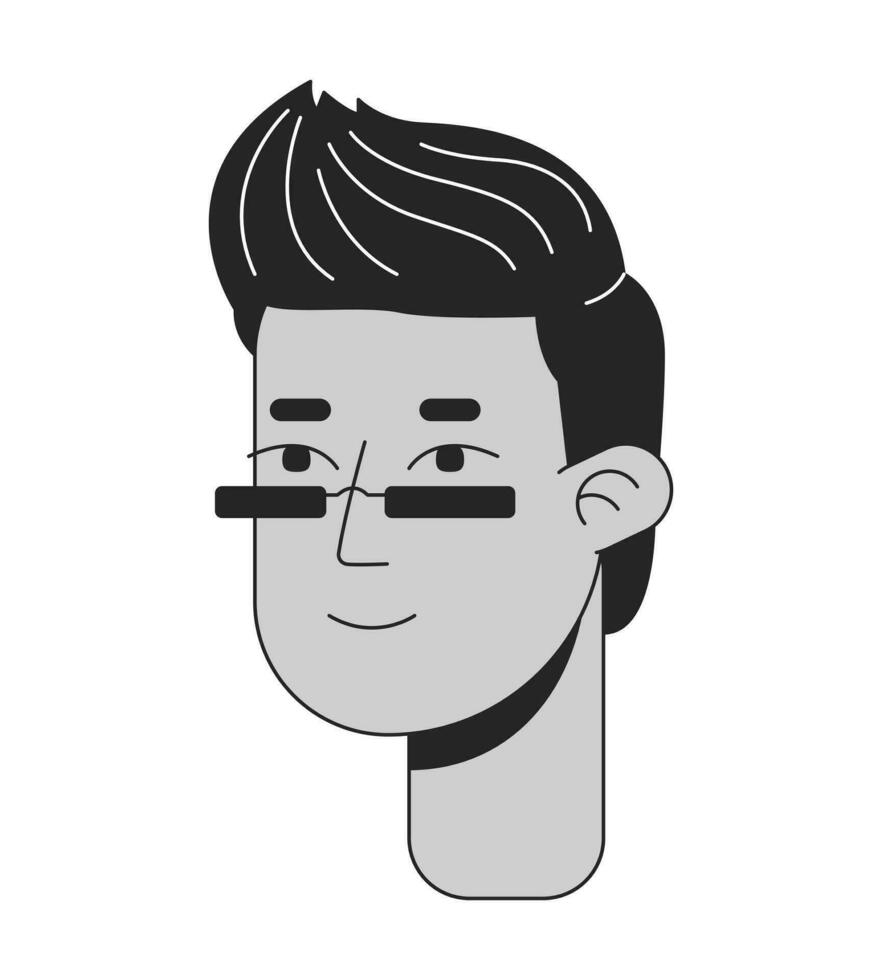 Indian sunglasses man crew cut haircut black and white 2D line cartoon character head. Stylish south asian guy wearing glasses isolated vector outline person face. Monochromatic flat spot illustration