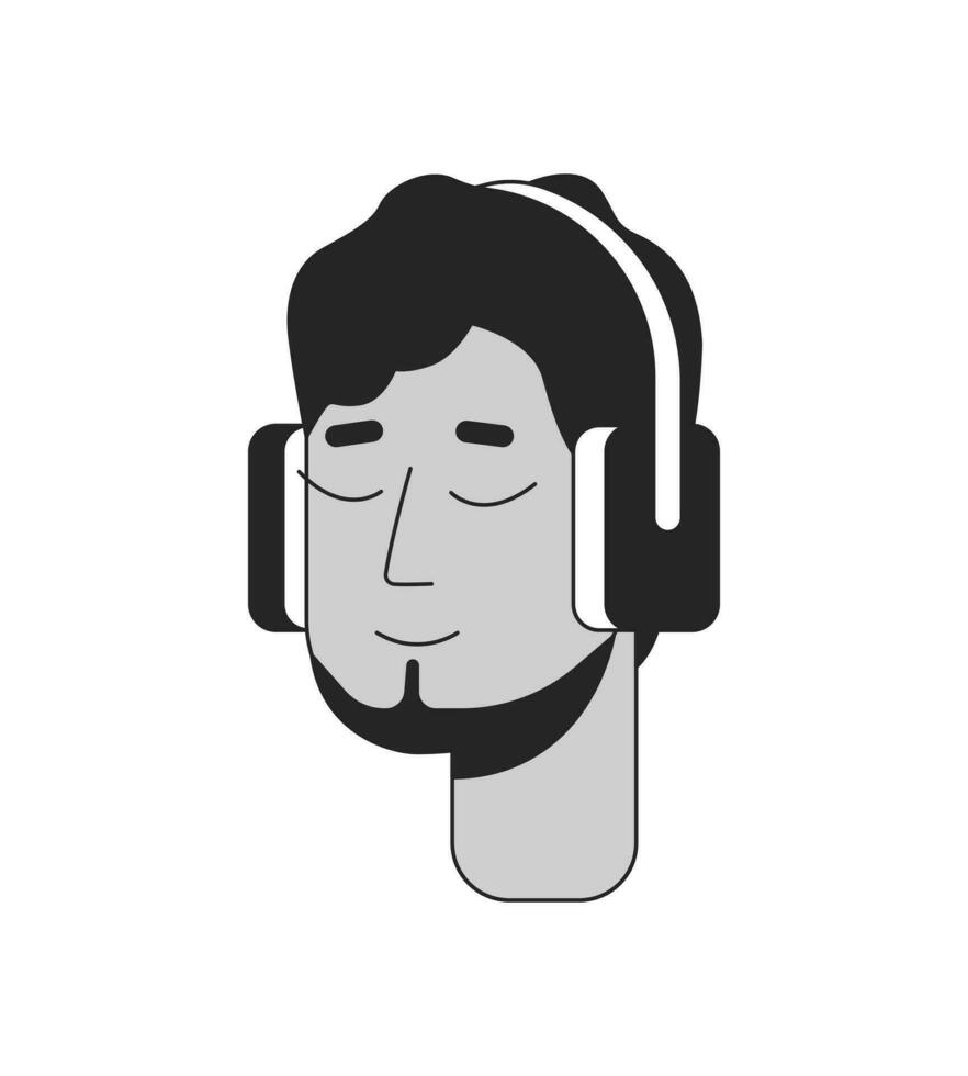 Bearded arab man wearing headphones black and white 2D line cartoon character head. Middle eastern adult chin curtain beard isolated vector outline person face. Monochromatic flat spot illustration