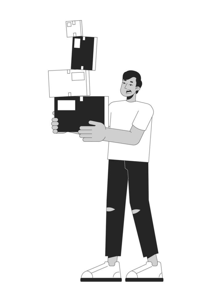 Startled man carrying stacked boxes black and white cartoon flat illustration. Troubled indian guy holding cardboard 2D lineart character isolated. Moving stress monochrome scene vector outline image