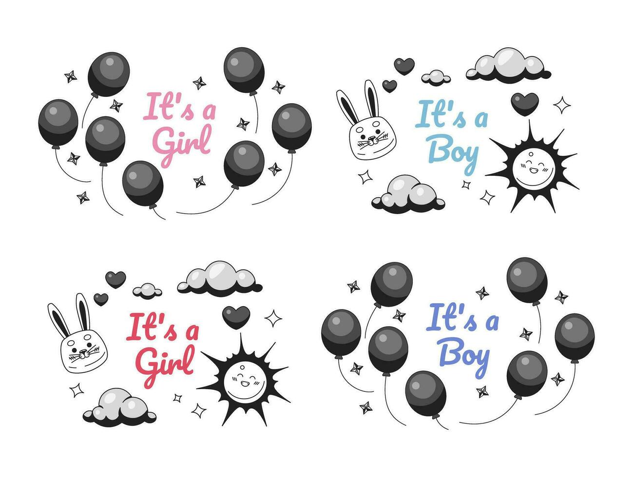 Gender reveal baby shower monochrome greeting cards vector set. Its a boy, its a girl black and white illustration greetingcard collection. 2D outline cartoon ecards, special occasion postcard images