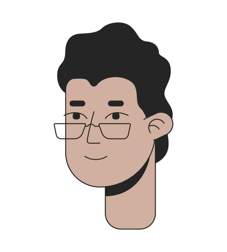 sonriente indio hombre vistiendo los anteojos 2d lineal dibujos animados personaje cabeza. ondulado corto pelo chico gafas aislado línea vector persona cara blanco antecedentes. amable expresión color plano Mancha ilustración