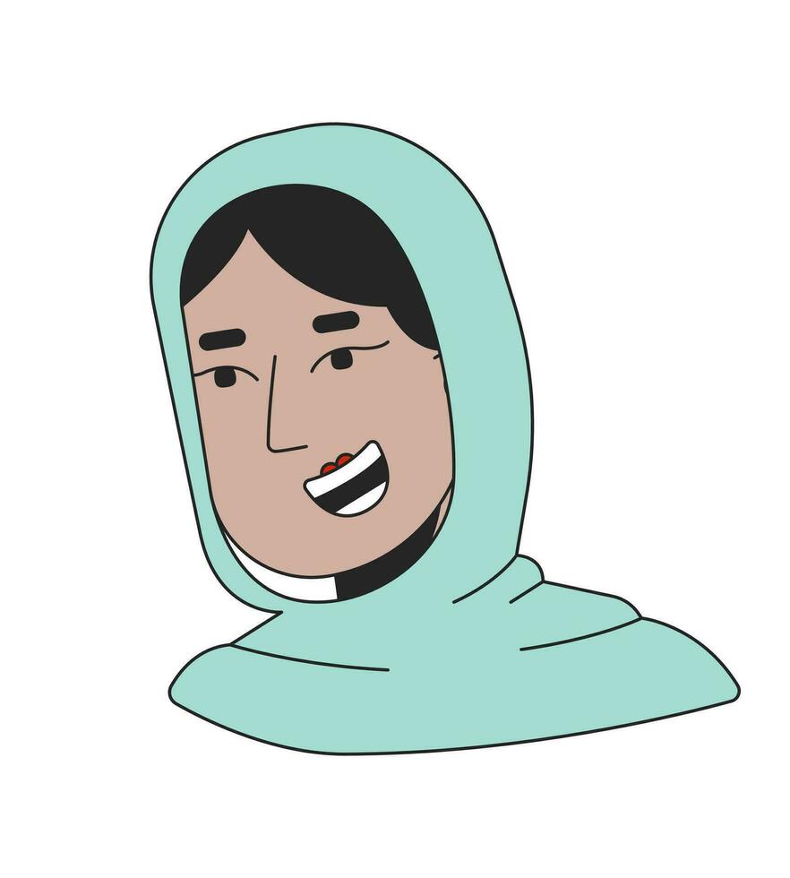 Scarf hijab positive woman 2D linear cartoon character head. Young adult muslim lady smiling cheerfully isolated line vector person face white background. Arab female color flat spot illustration