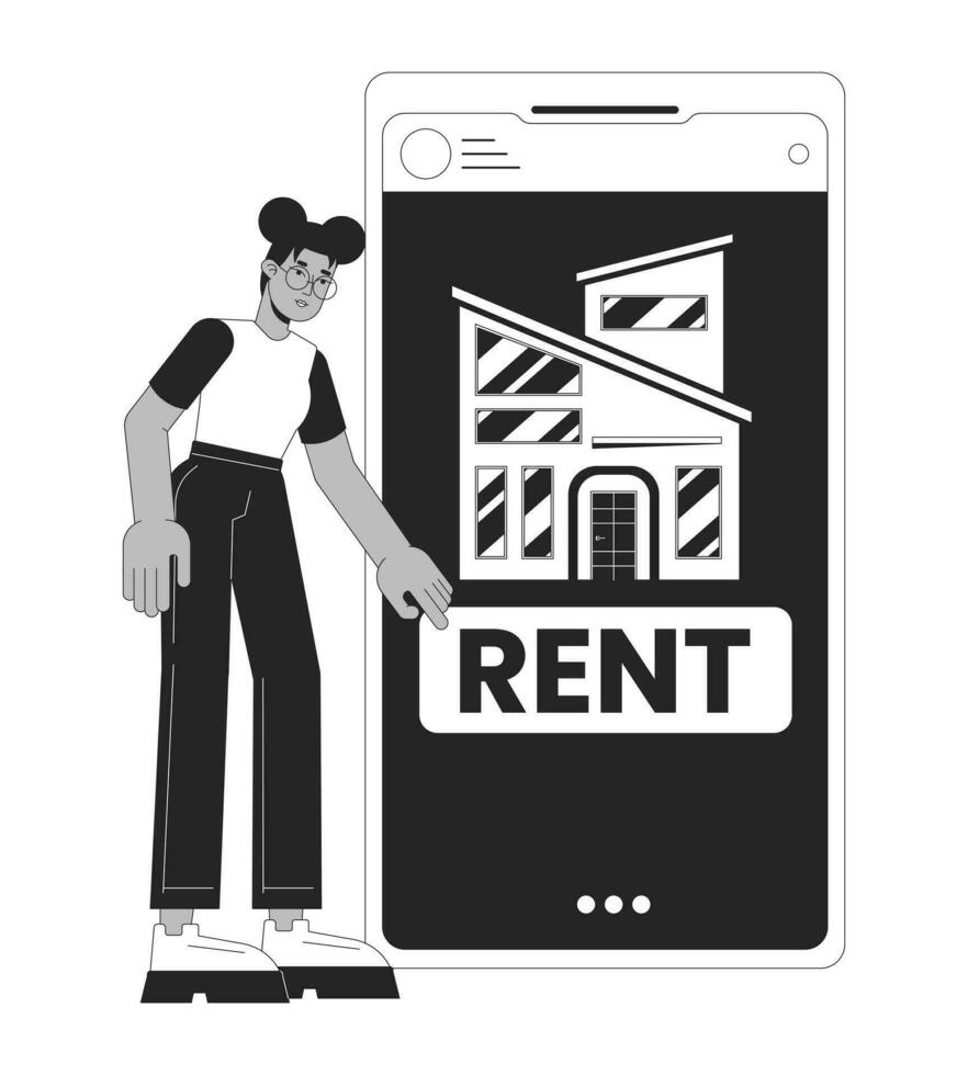 Rental app black and white 2D illustration concept. African american woman renting apartment online cartoon outline character isolated on white. House hunting smartphone metaphor monochrome vector art