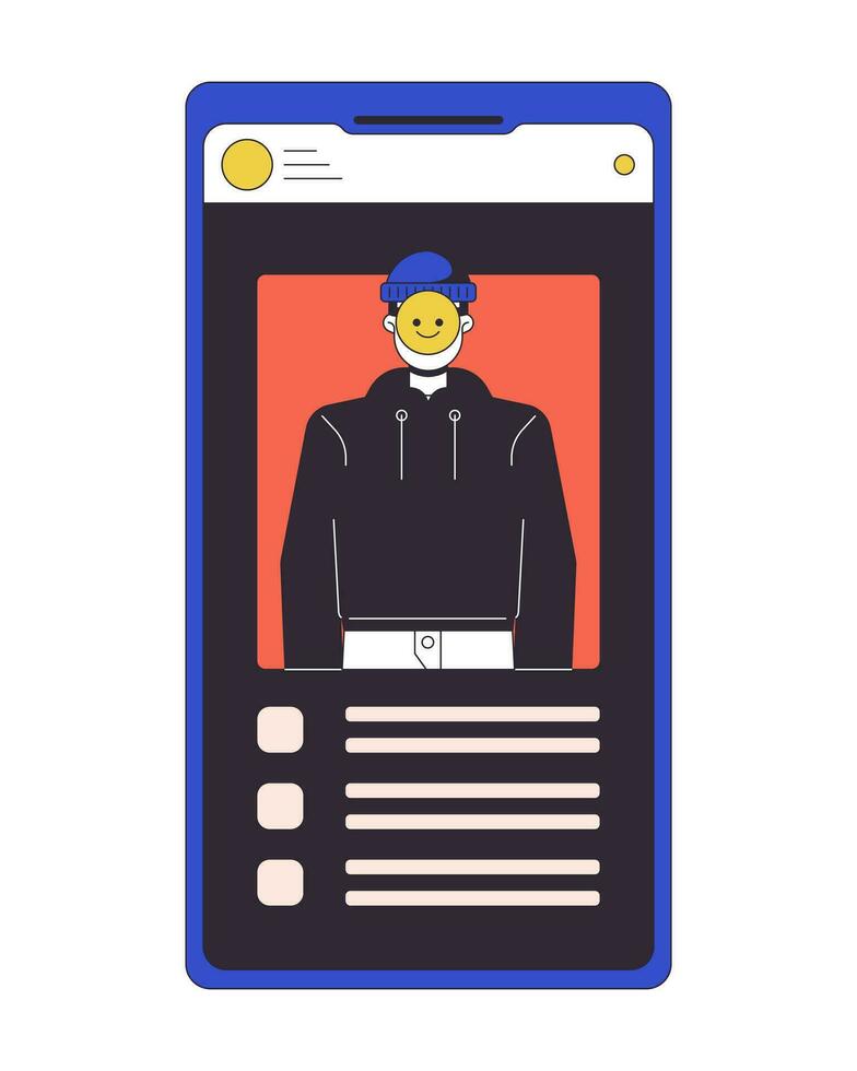 Stealing identity on smartphone screen flat line concept vector spot illustration. Hide face by emoji 2D cartoon outline object on white for web UI design. Editable isolated color hero image