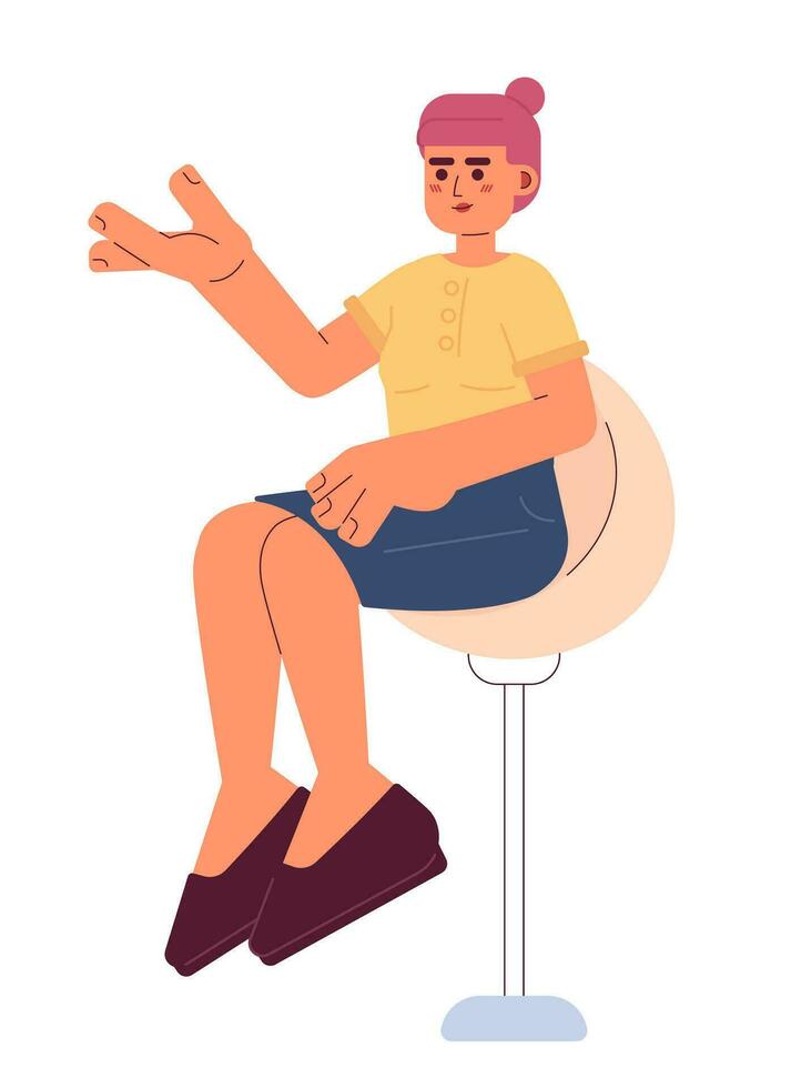 Asian young adult woman sitting on swivel bar stool 2D cartoon character. Korean female gesturing on barstool seating isolated vector person white background. TV host color flat spot illustration