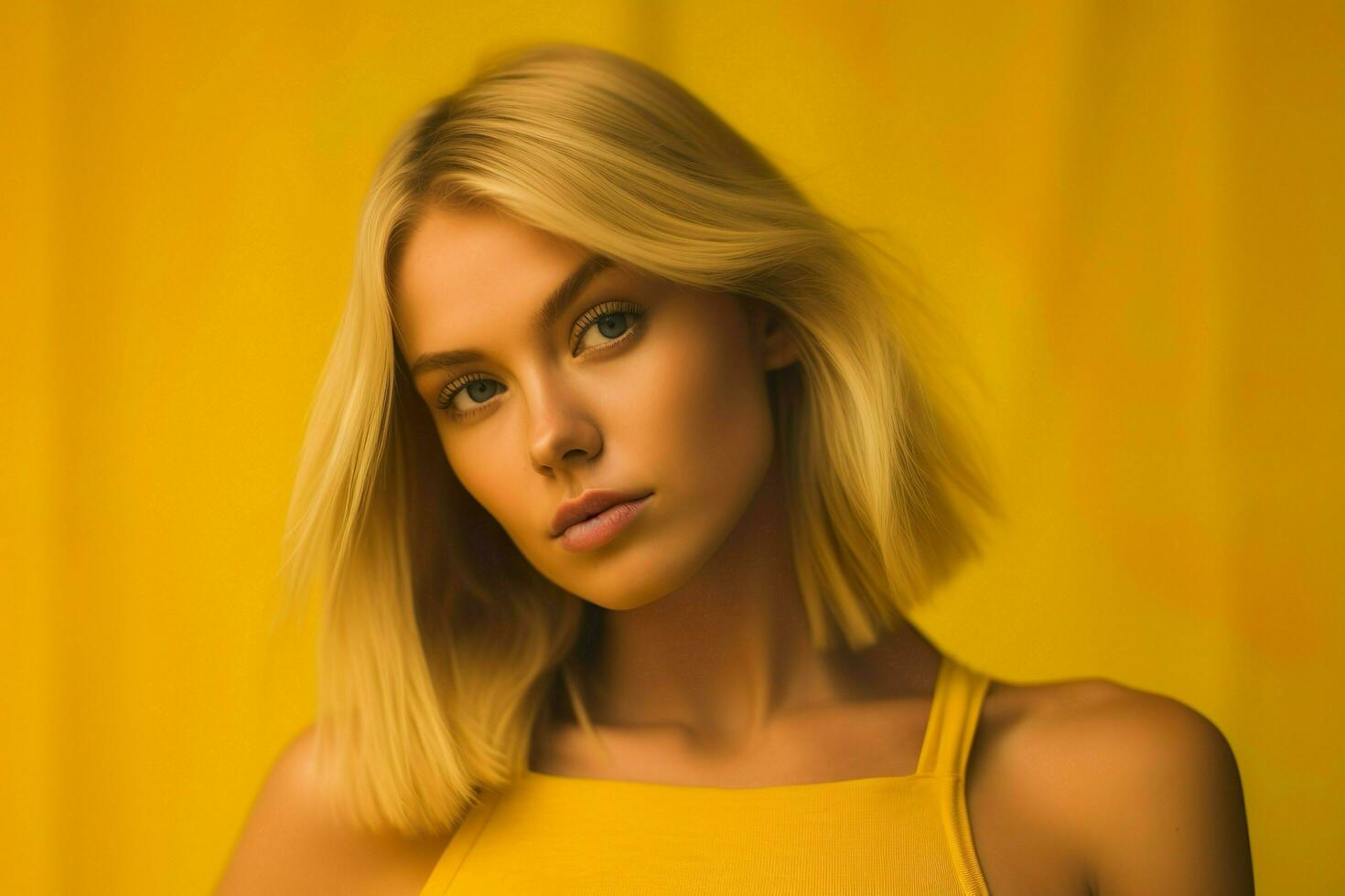 hermosa rubia modelo aislado en amarillo antecedentes ai generativo foto