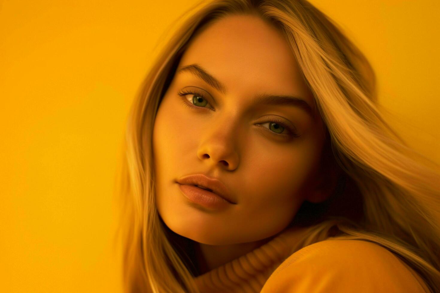 Beautiful Blonde Model Isolated On Yellow Background AI Generative photo