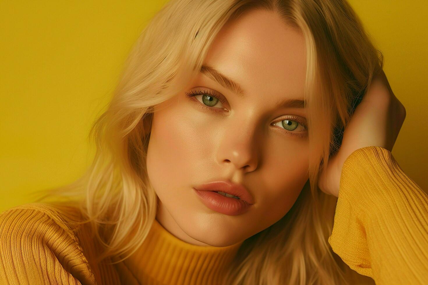 Beautiful Blonde Model Isolated On Yellow Background AI Generative photo