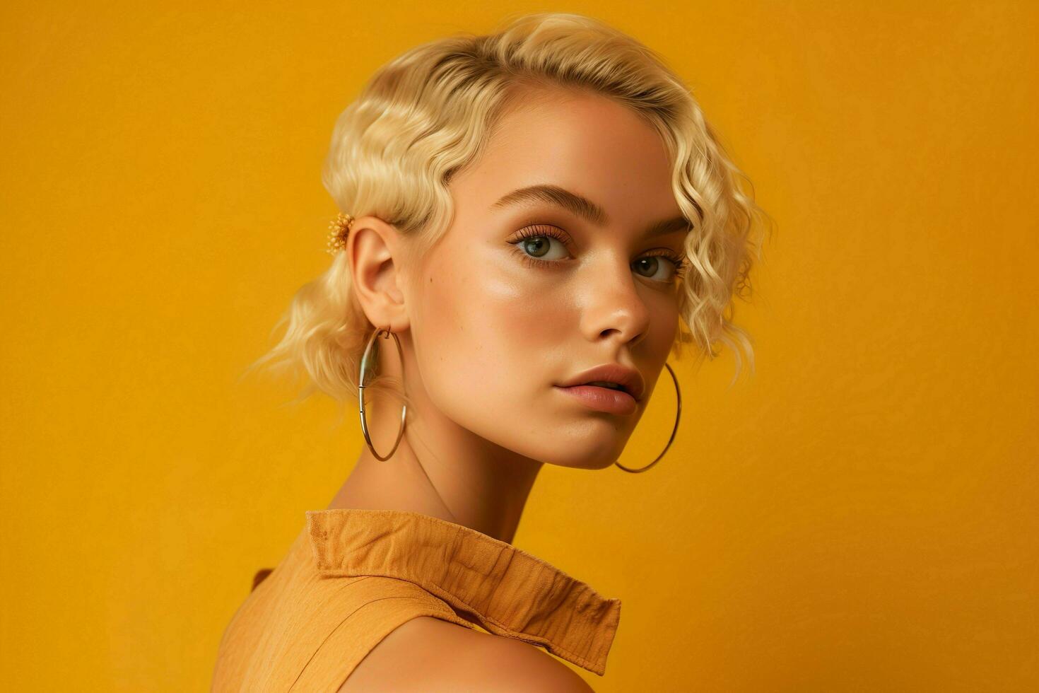 Beautiful Blonde Model Isolated On Yellow Background AI Generative photo