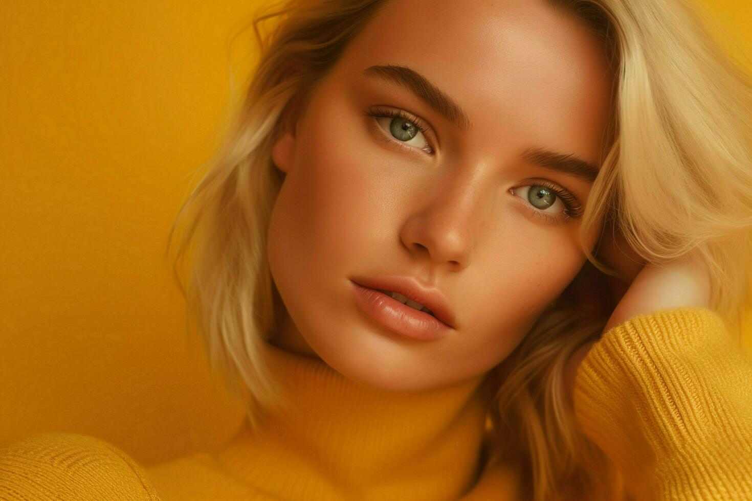Beautiful Blonde Model Isolated On Yellow Background AI Generative photo