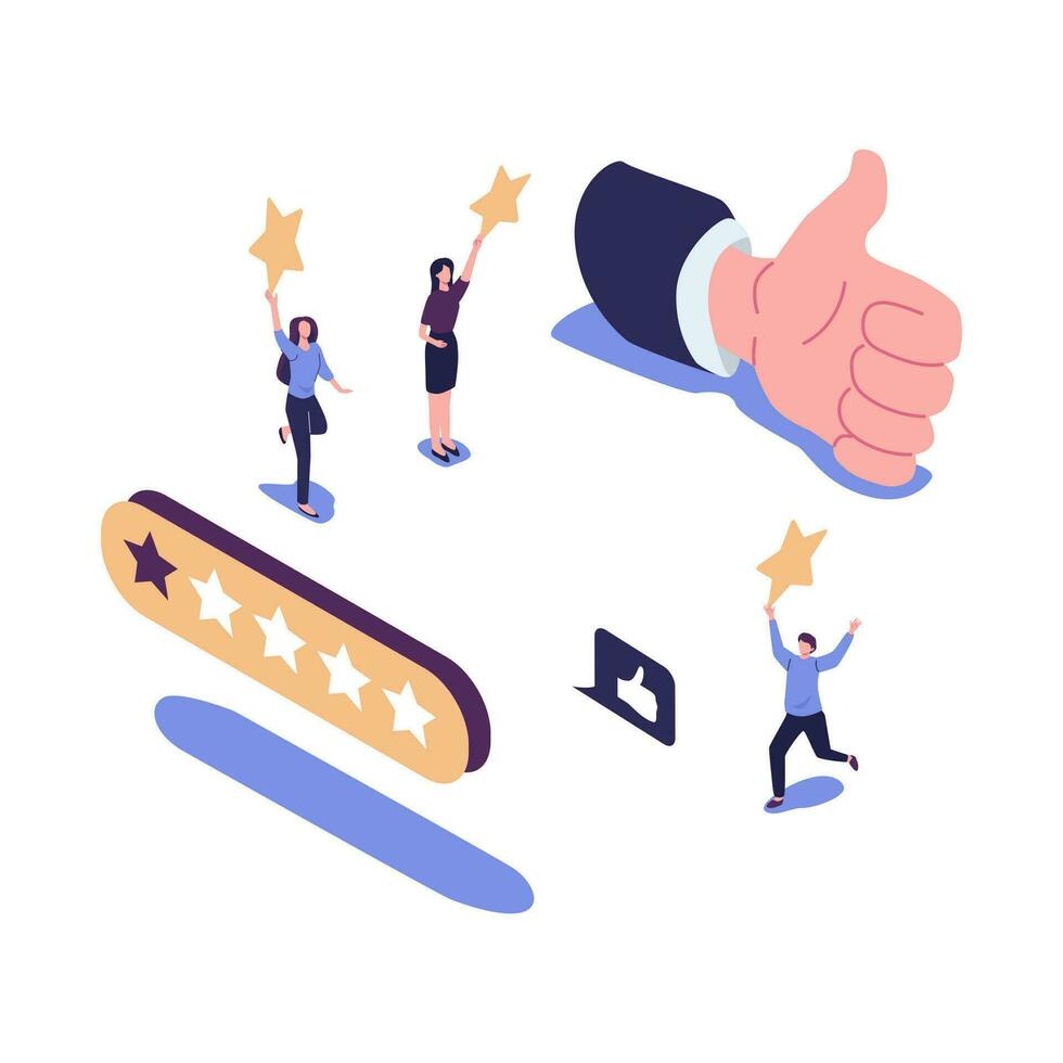 illustration of a vote, measurement of customer satisfaction and star rating, satisfactory rating, hand shows a class sign vector