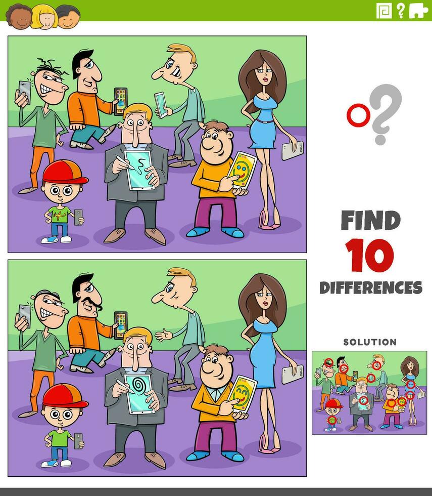 differences activity with cartoon people with smart devices vector