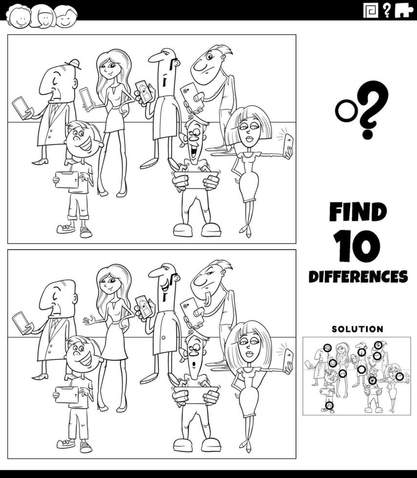 differences game with people with smart phones coloring page vector