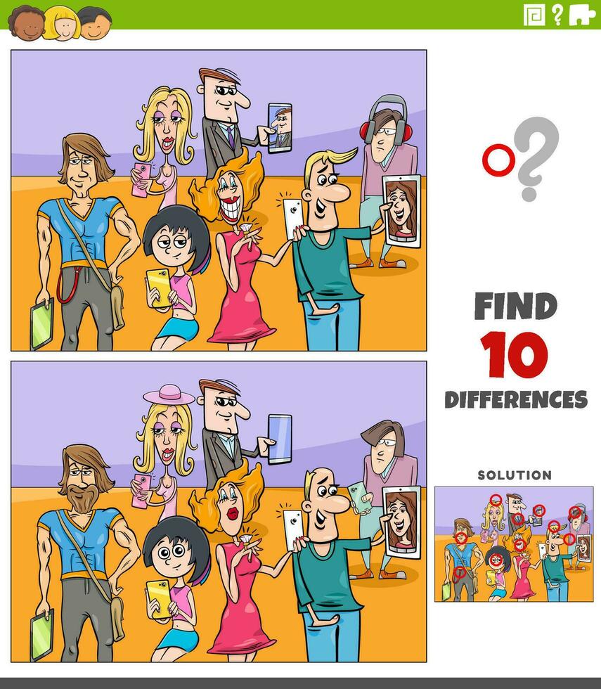 differences game with cartoon people with smart devices vector